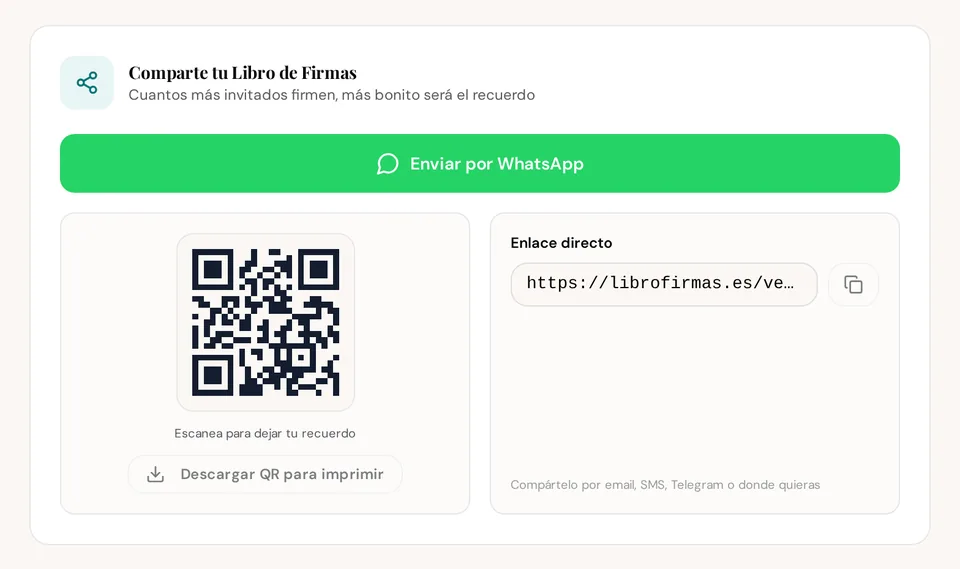Panel de LibroFirmas para compartir el evento mediante WhatsApp, enlace y código QR